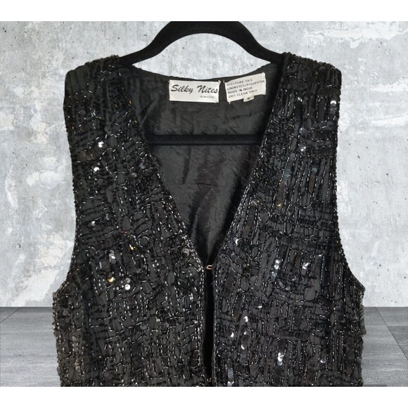 Vintage Women's Vest Silk Beaded & Sequin Black Event Classic Elegance Small - Picture 2 of 4